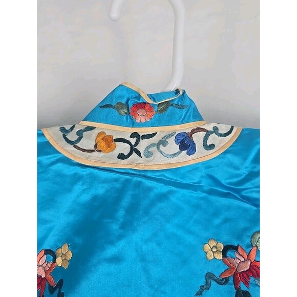 Vintage Golden Bee Embroidered Silk Blue Kimono Jacket + Pants Set Size 8 - Picture 10 of 16